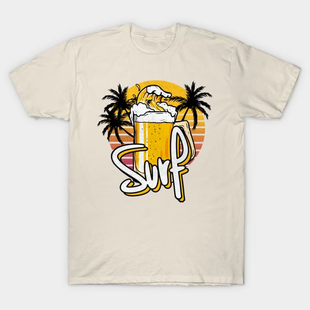 Funny Glass Of Beer Surf Wave Vintage Retro Sunset Design T-Shirt by A Comic Wizard